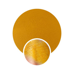 Close-up of vibrant neon yellow matte eyeshadow in a round pressed pan with 80s retro packaging