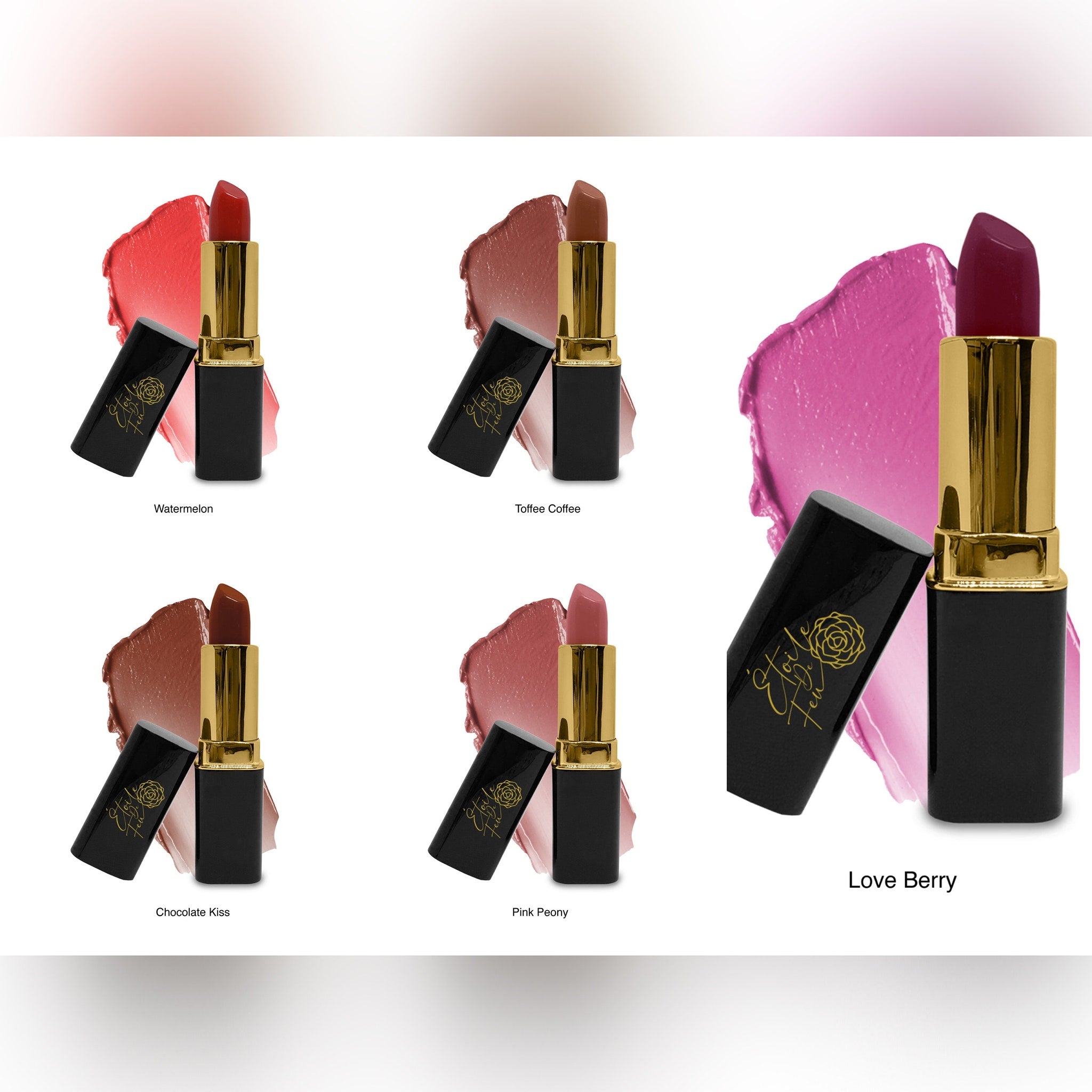 Lipstick tube with gold and black casing, pink and black brand text, and a pink swatch