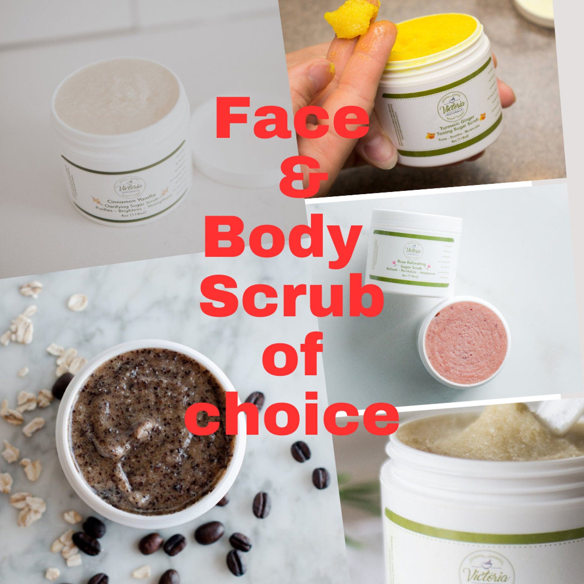 Face and body scrub jars with various colors, textures, and Victoria Naturals branding visible