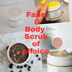 Face and body scrub jars with various colors, textures, and Victoria Naturals branding visible