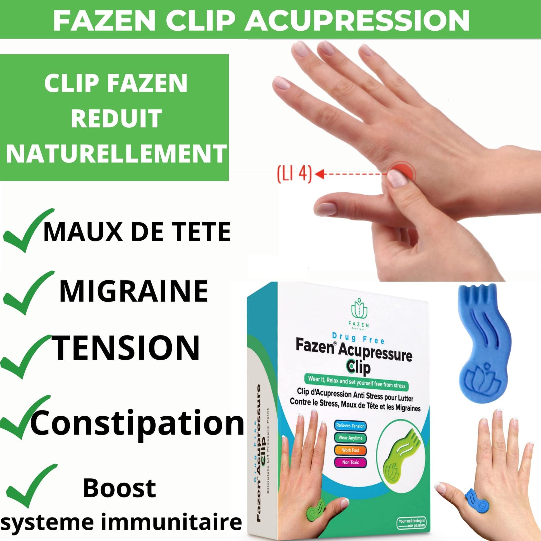 Acupressure clip, blue and green plastic, used on hand for pain relief, Fazen brand