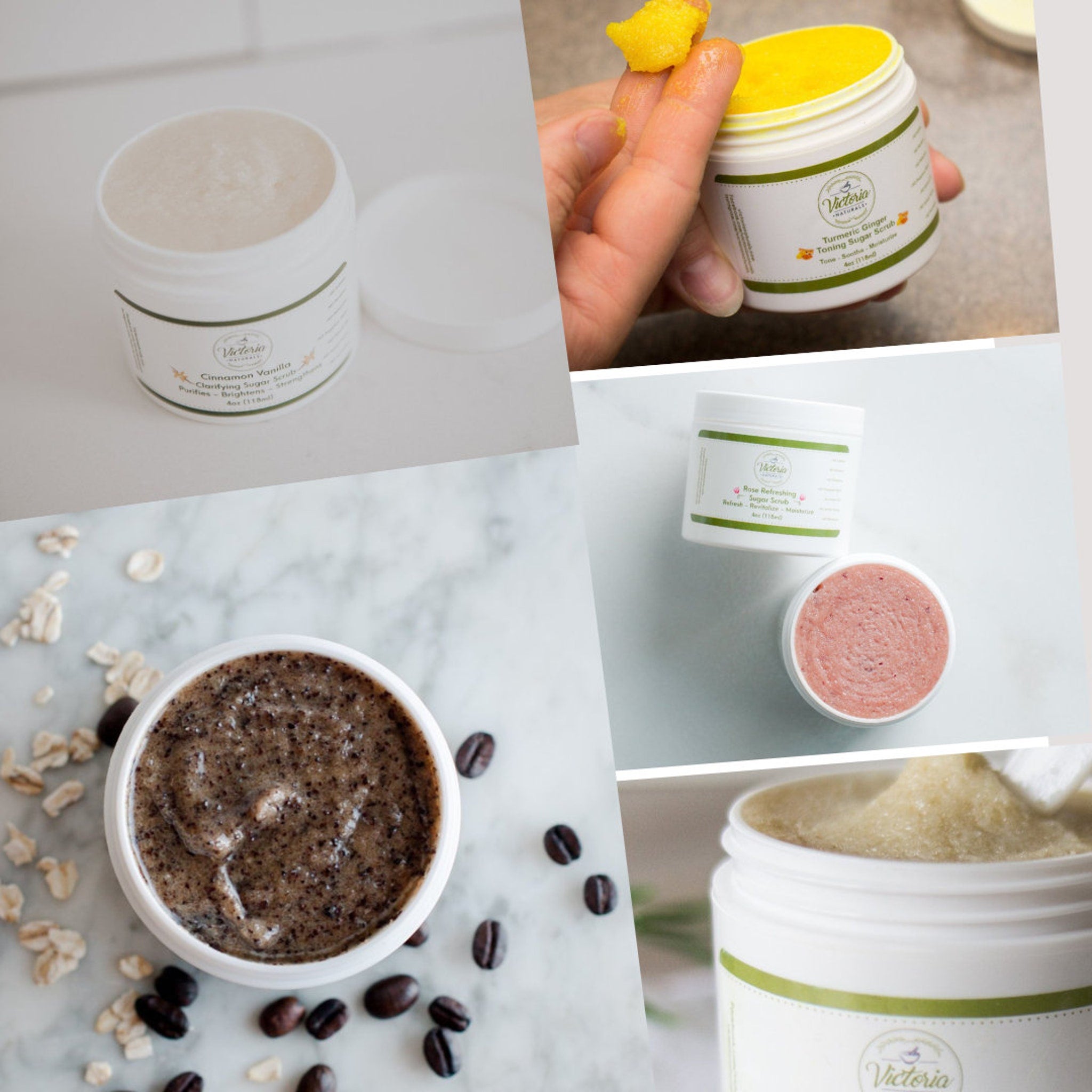 Sugar scrub jars in white with various colors and textures, Victoria Naturals branding visible