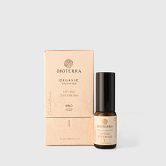 Eye cream bottle and box, beige and brown packaging, Bioterra brand visible