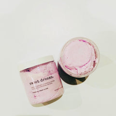 Foaming sugar scrub with pink scrub and clear jars, BotaniquebyMonae label visible