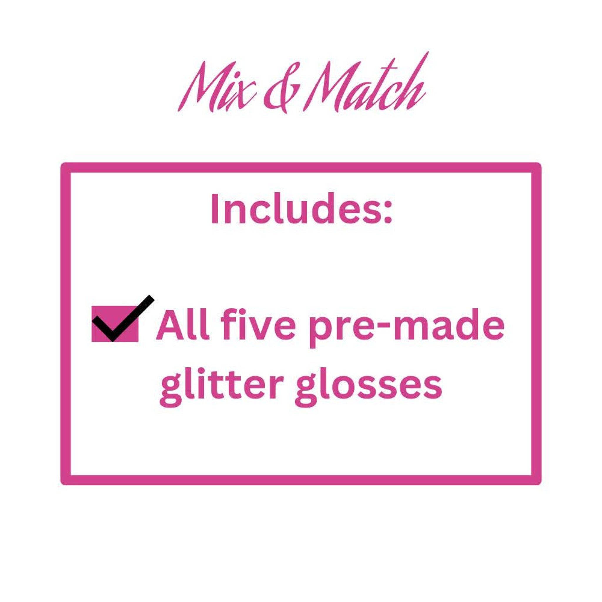 Pink text on white background with pink border, includes "All five pre-made glitter glosses" text