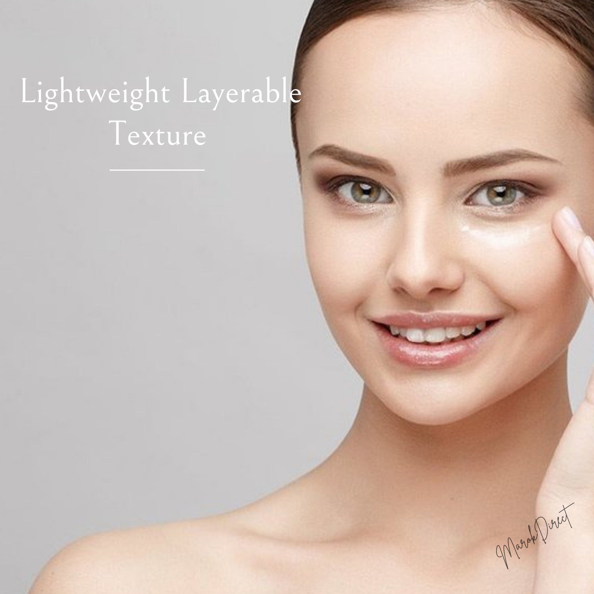 Woman with fair skin applying cream, light eye makeup, smiling, with "Marok Direct" signature