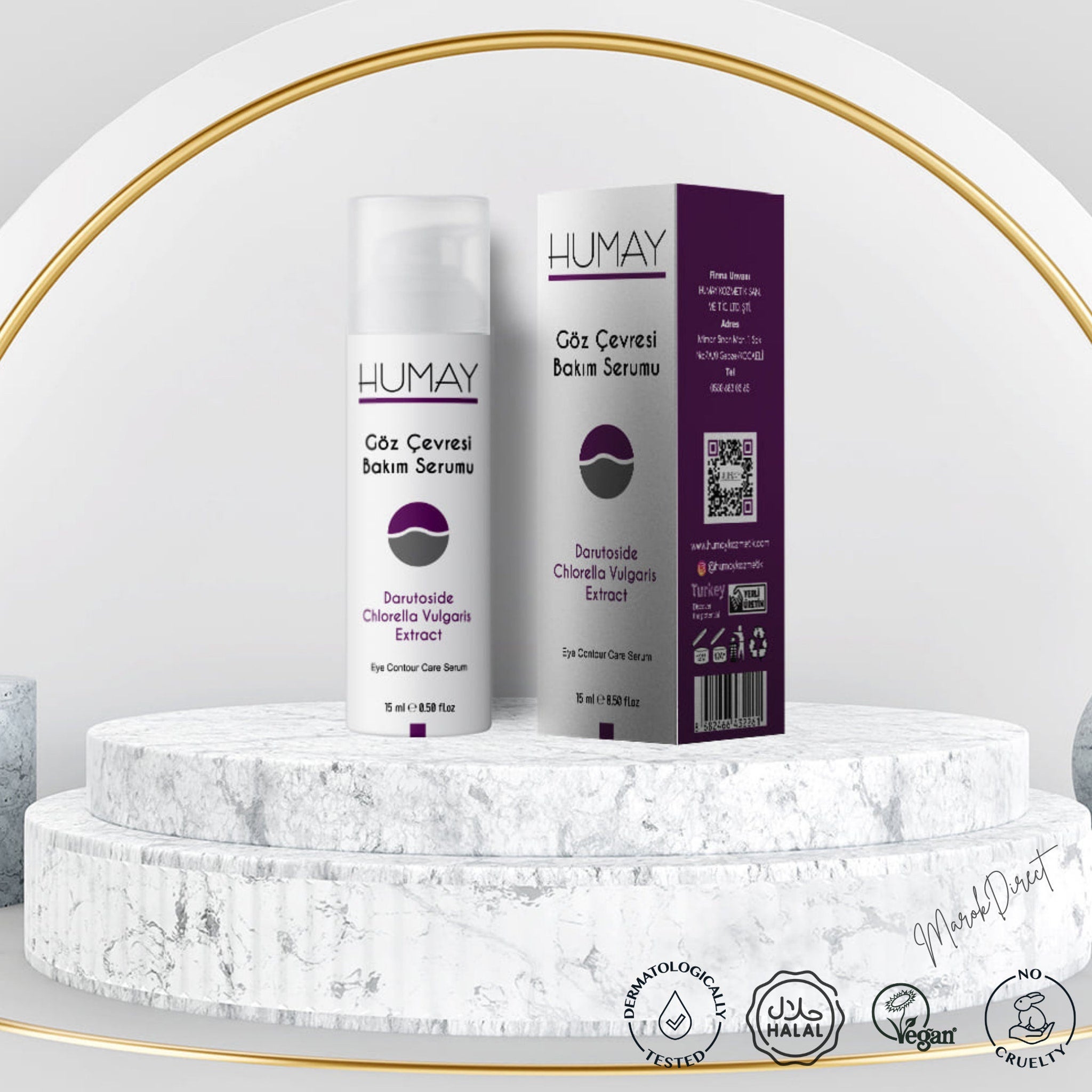 Eye contour serum with white bottle and box, purple accents, and HUMAY brand text on display