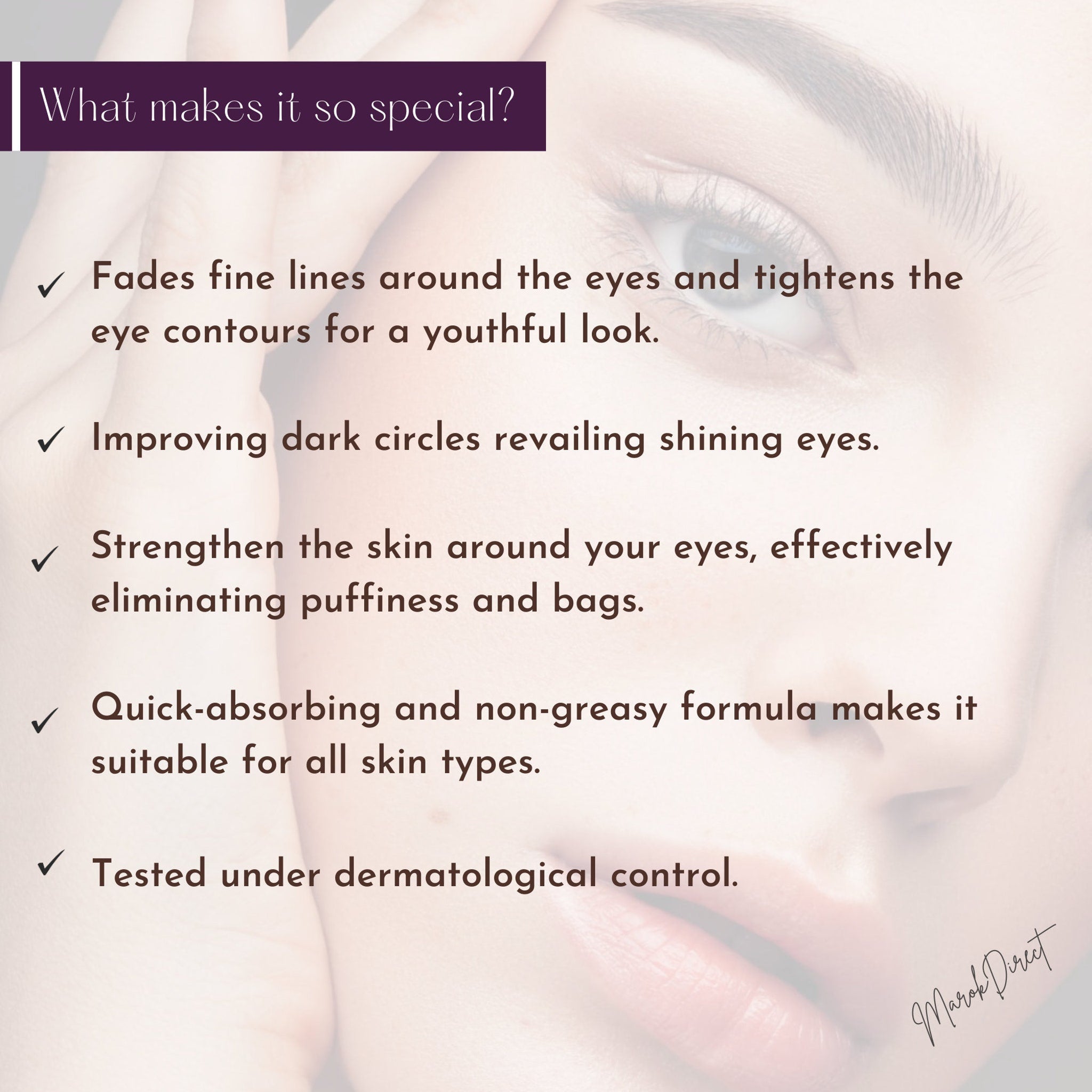 Eye skin close-up with soft beige background, text overlay, and Marak Direct signature