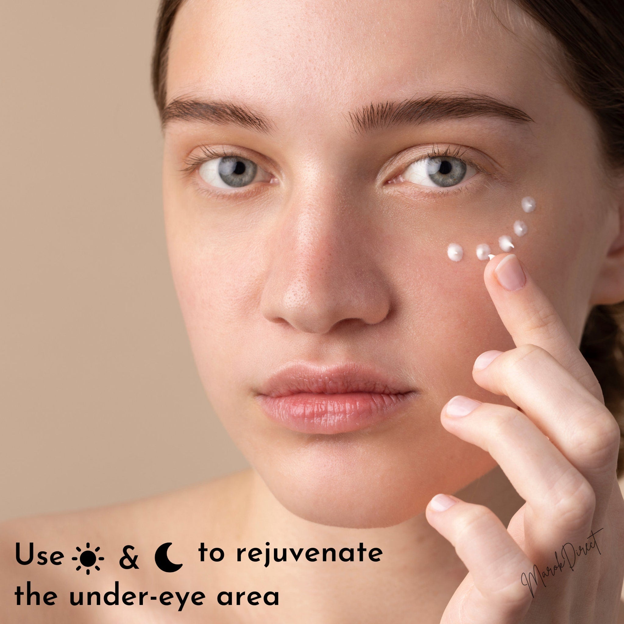 Under eye cream application, white cream dots, fair skin, hand applying cream around eye area