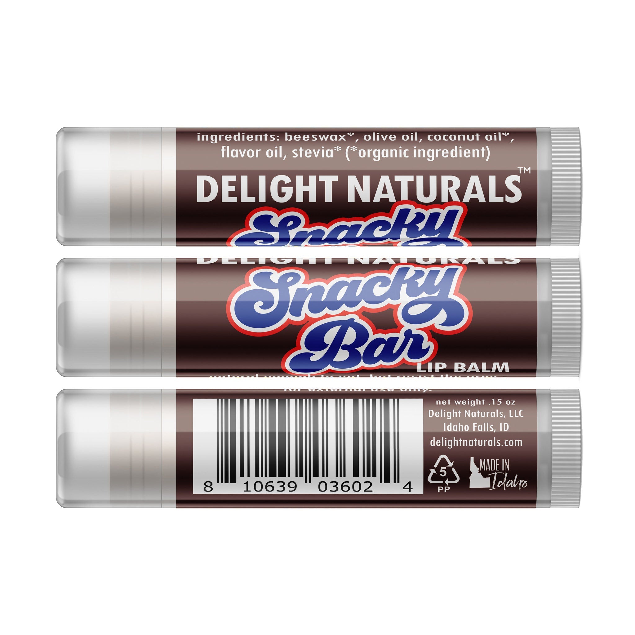 Lip balm tubes with brown and white packaging, "Snacky Bar" text, and barcode label