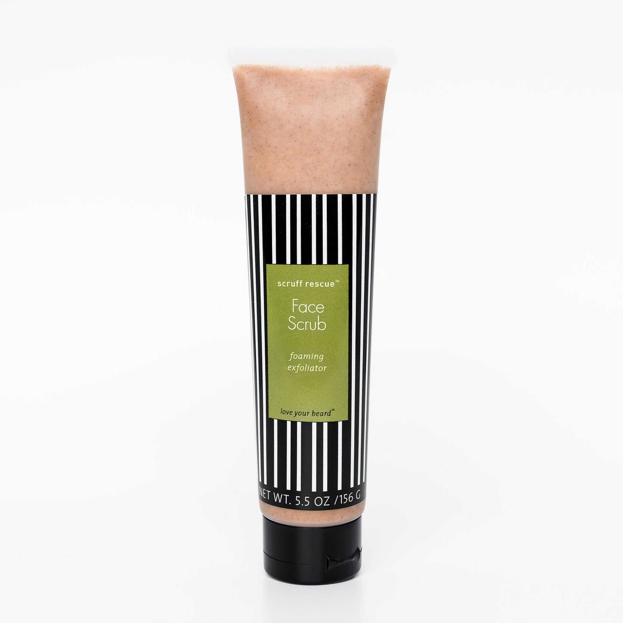 Facial cleanser tube with black and white striped pattern, tan scrub, and Scruff Rescue label