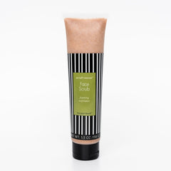 Facial cleanser tube with black and white striped pattern, tan scrub, and Scruff Rescue label