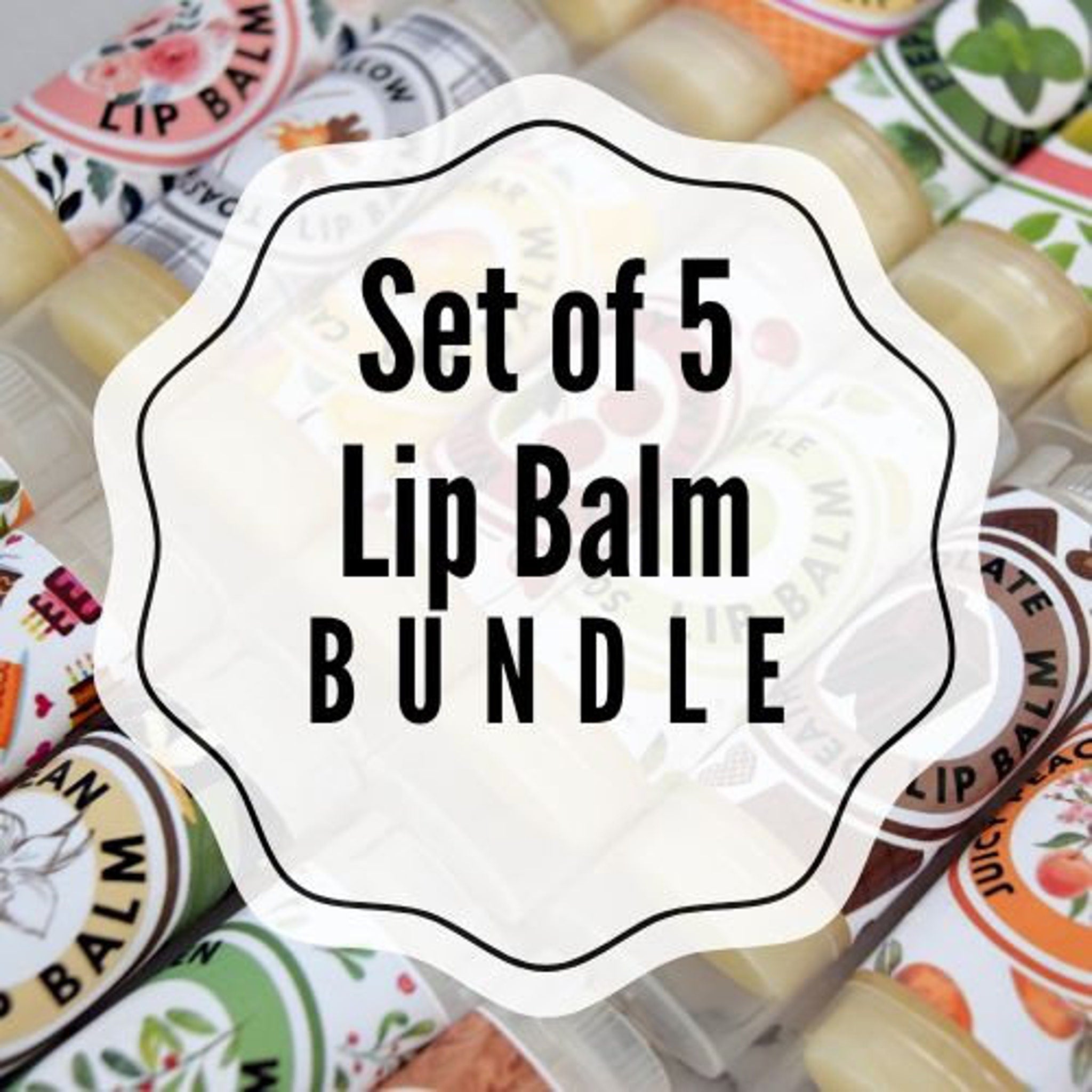 Lip balm bundle with assorted colorful patterned tubes and text "Set of 5 Lip Balm Bundle