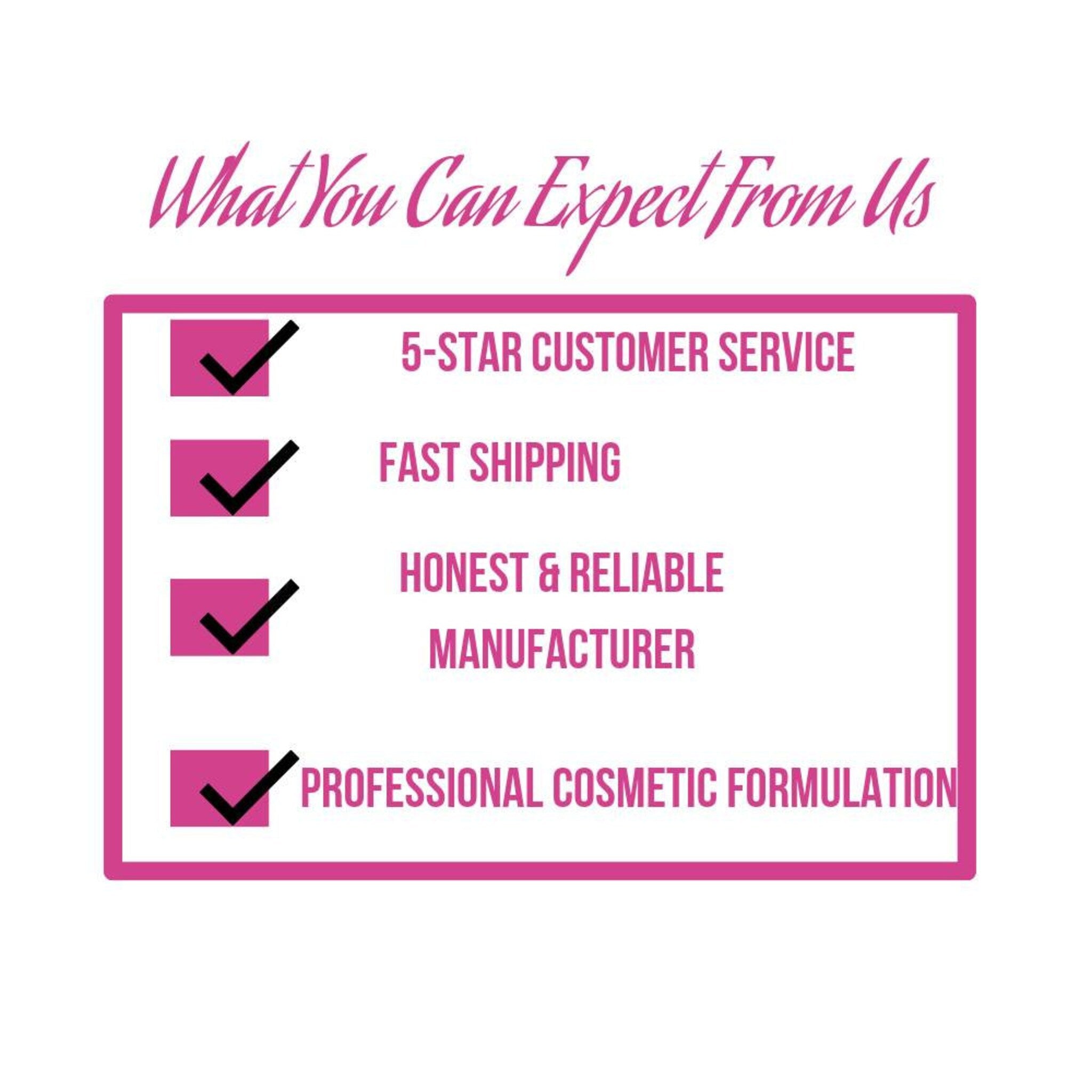 Customer service graphic with pink border, black checkmarks, and white text on a white background