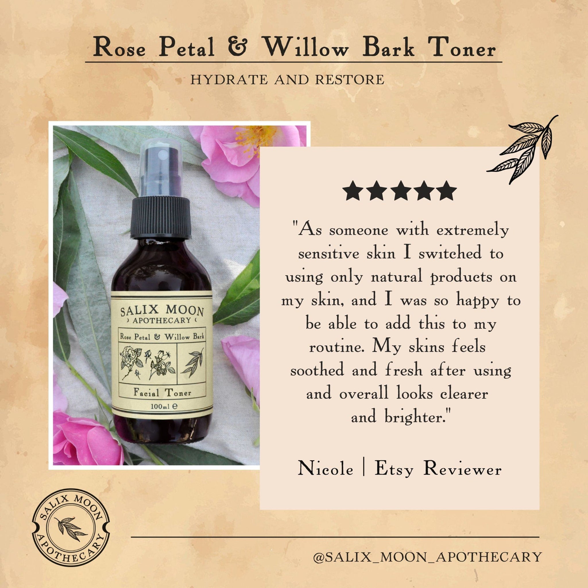 Facial toner bottle with black cap, clear liquid, and Salix Moon Apothecary label, surrounded by flowers