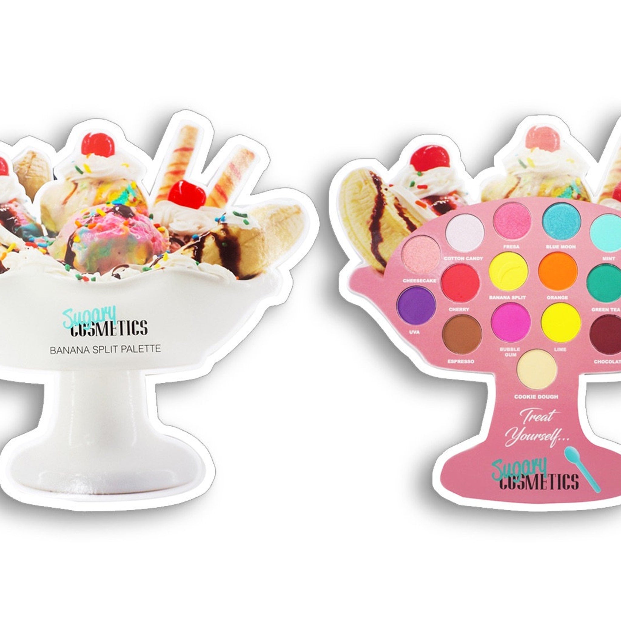 Eyeshadow palette with pink, white, and colorful shades, shaped like a banana split sundae, Sunny Cosmetics brand