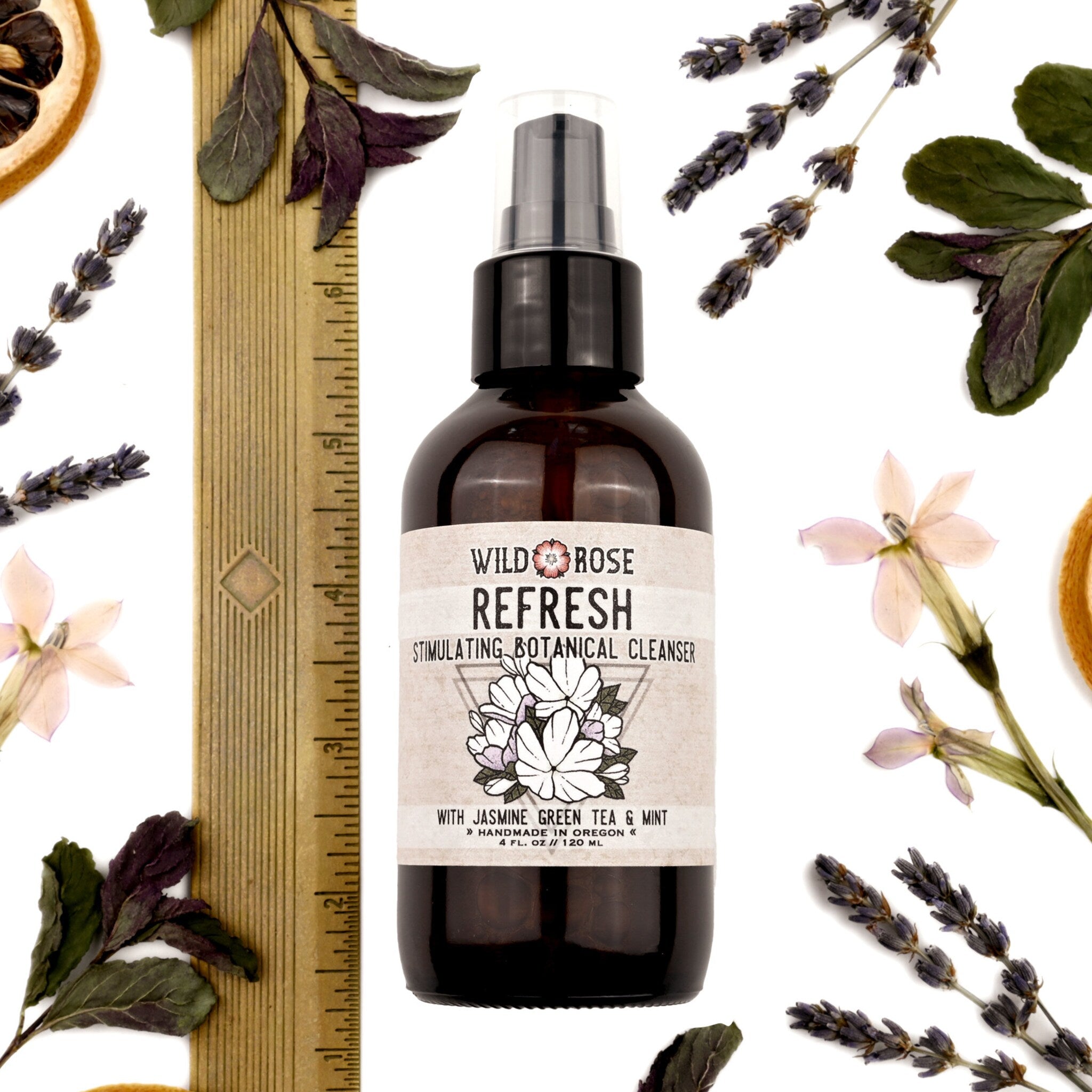 Botanical cleanser bottle, brown glass, Wild Rose label, with lavender and herbs