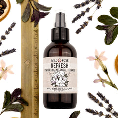 Botanical cleanser bottle, brown glass, Wild Rose label, with lavender and herbs