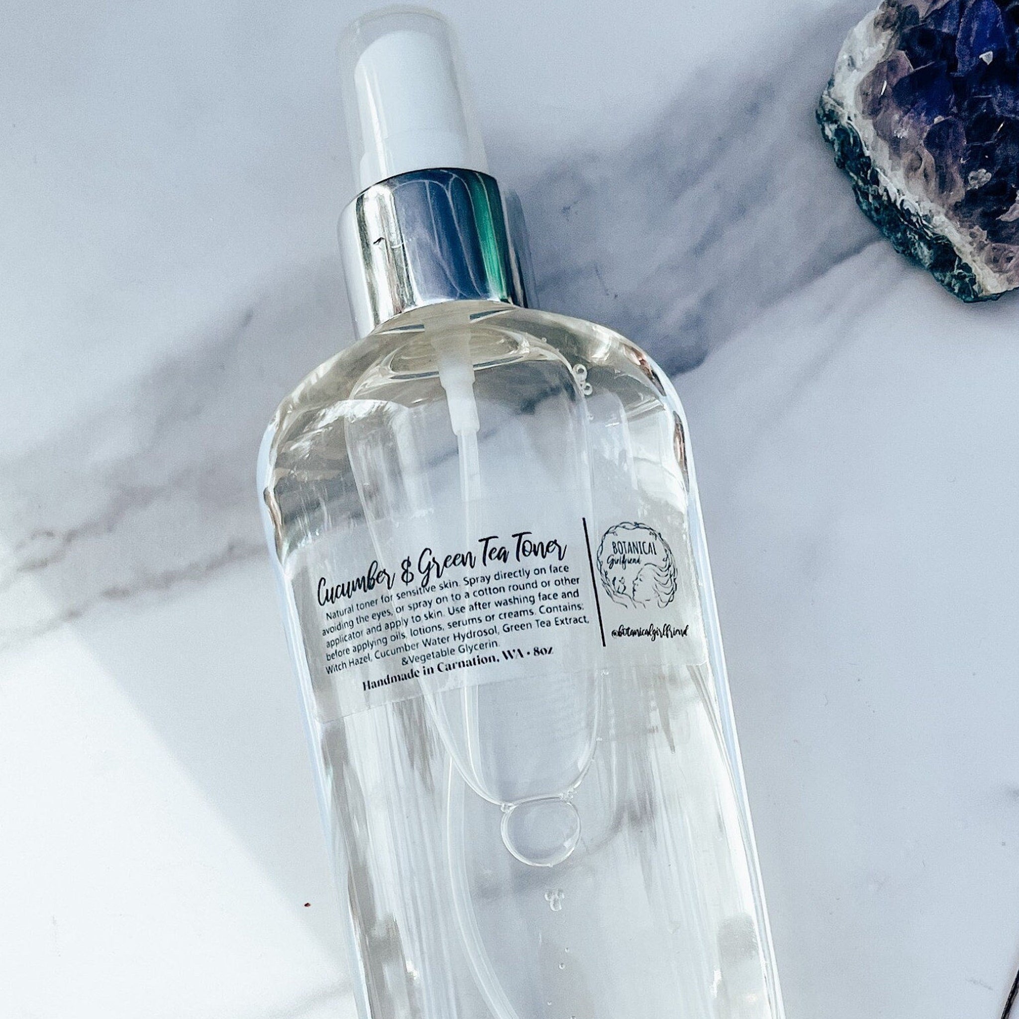 Cucumber & Green Tea Toner in clear glass bottle with silver sprayer, BotanicalGirlfriend label visible