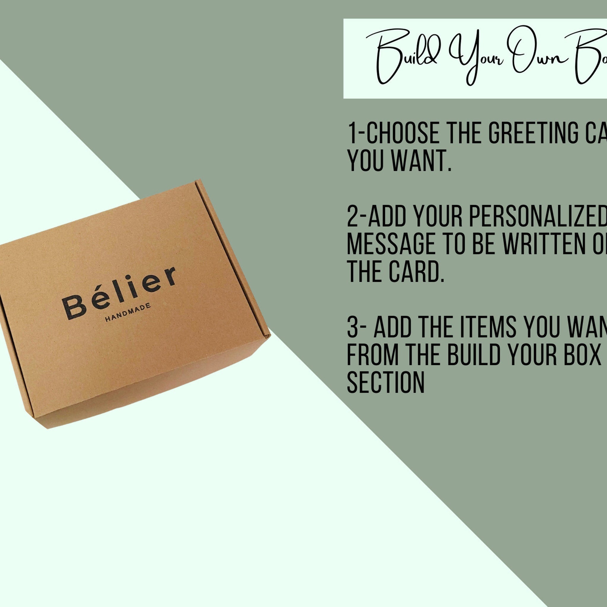 Gift box, brown cardboard box with black "Bélier" text, handmade label, on green background