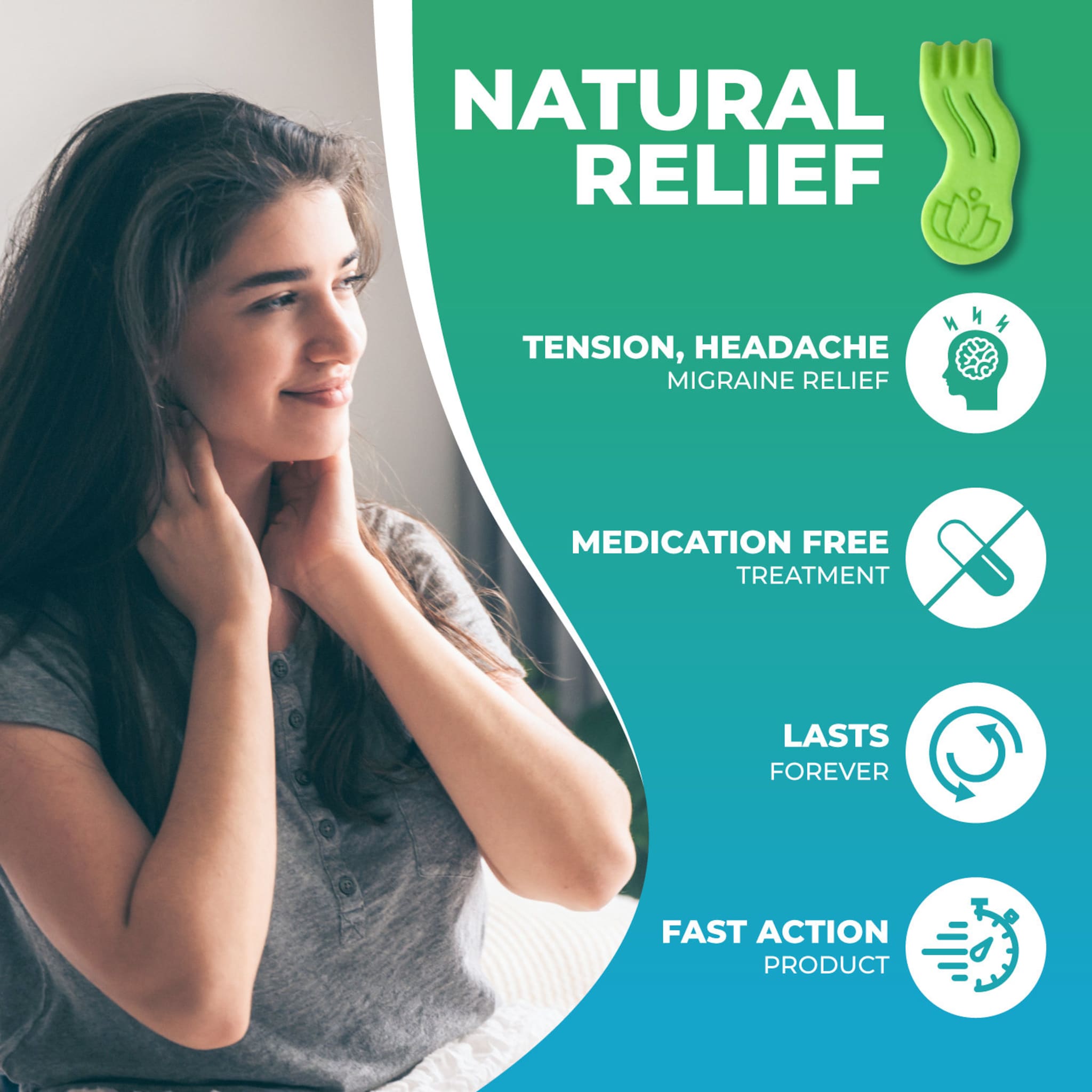 Migraine relief product with green and white text, woman touching neck, and green graphic