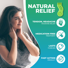Migraine relief product with green and white text, woman touching neck, and green graphic