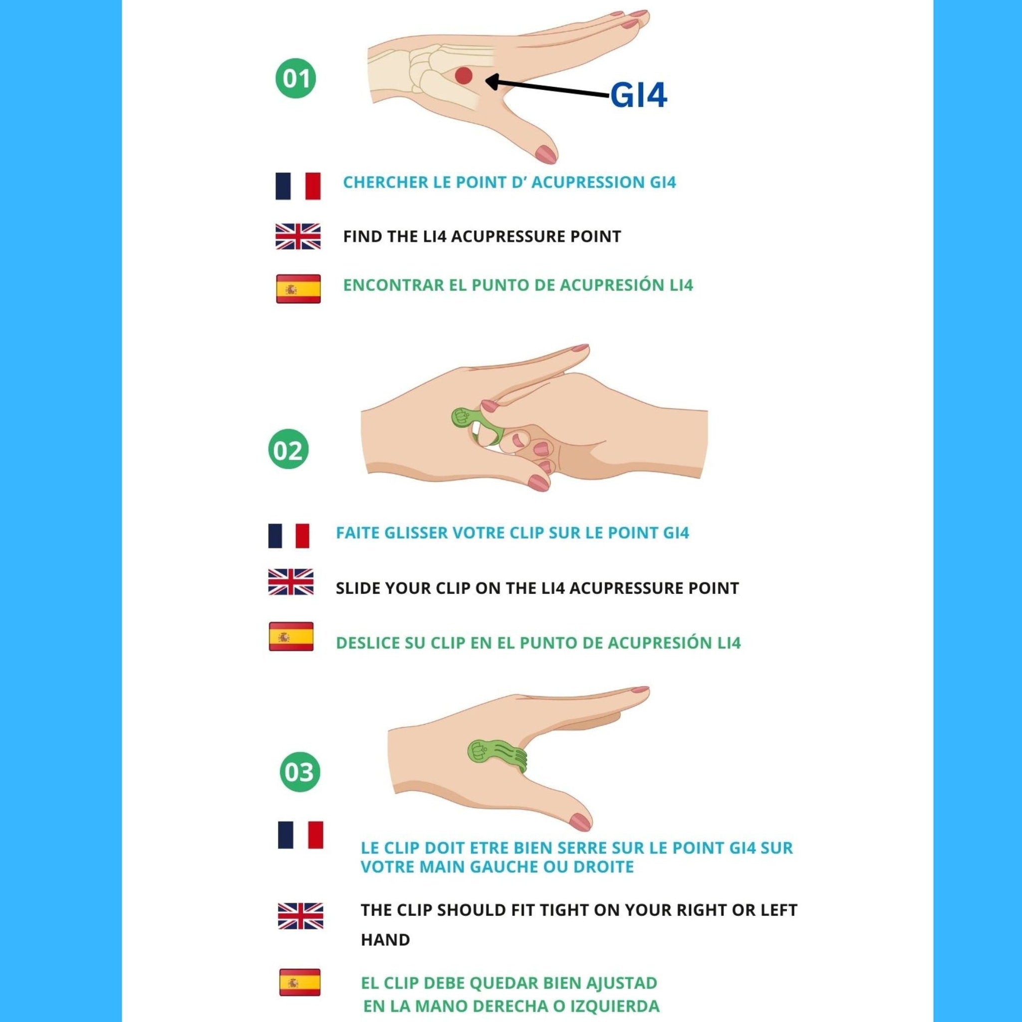 Acupressure point diagram with hand, green clip, and text instructions on blue background