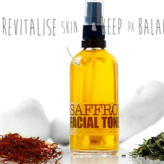 Facial Toner SAFFRON, yellow liquid in glass bottle, black spray top, ELIXIRIUM text
