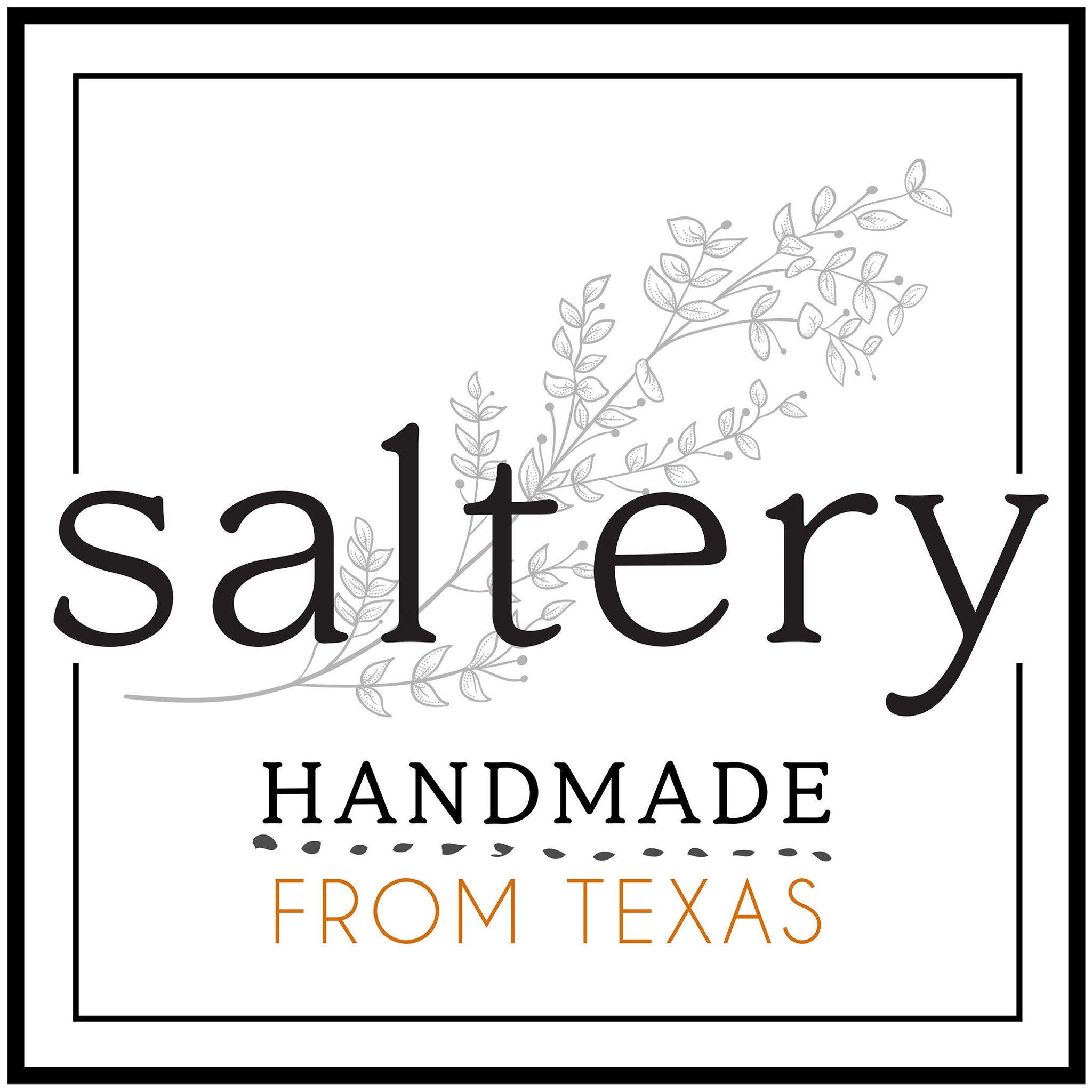 Saltery logo with black and orange text on a white background, framed with a black border.