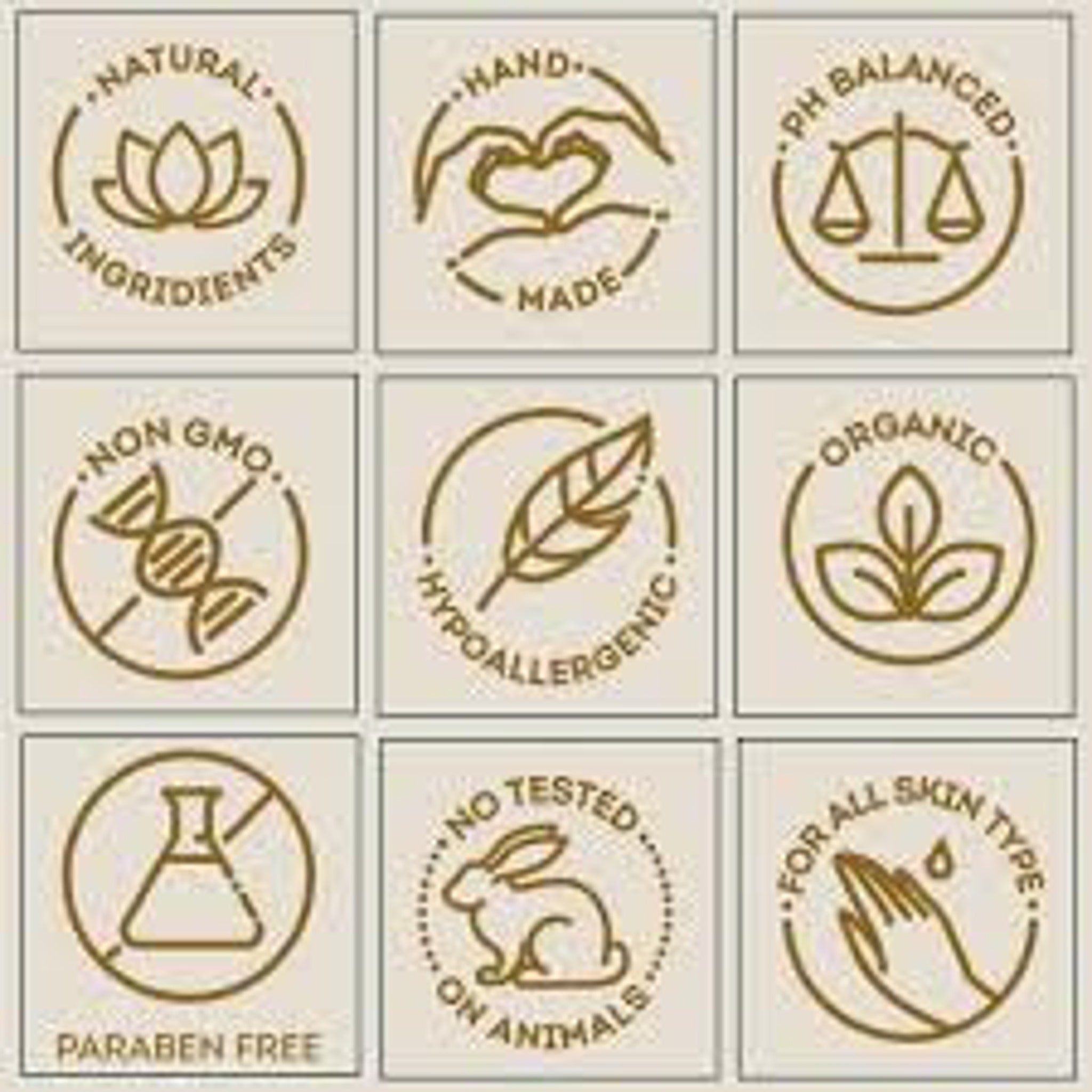 Product icons in gold line art with text, including "Natural Ingredients" and "Hand Made