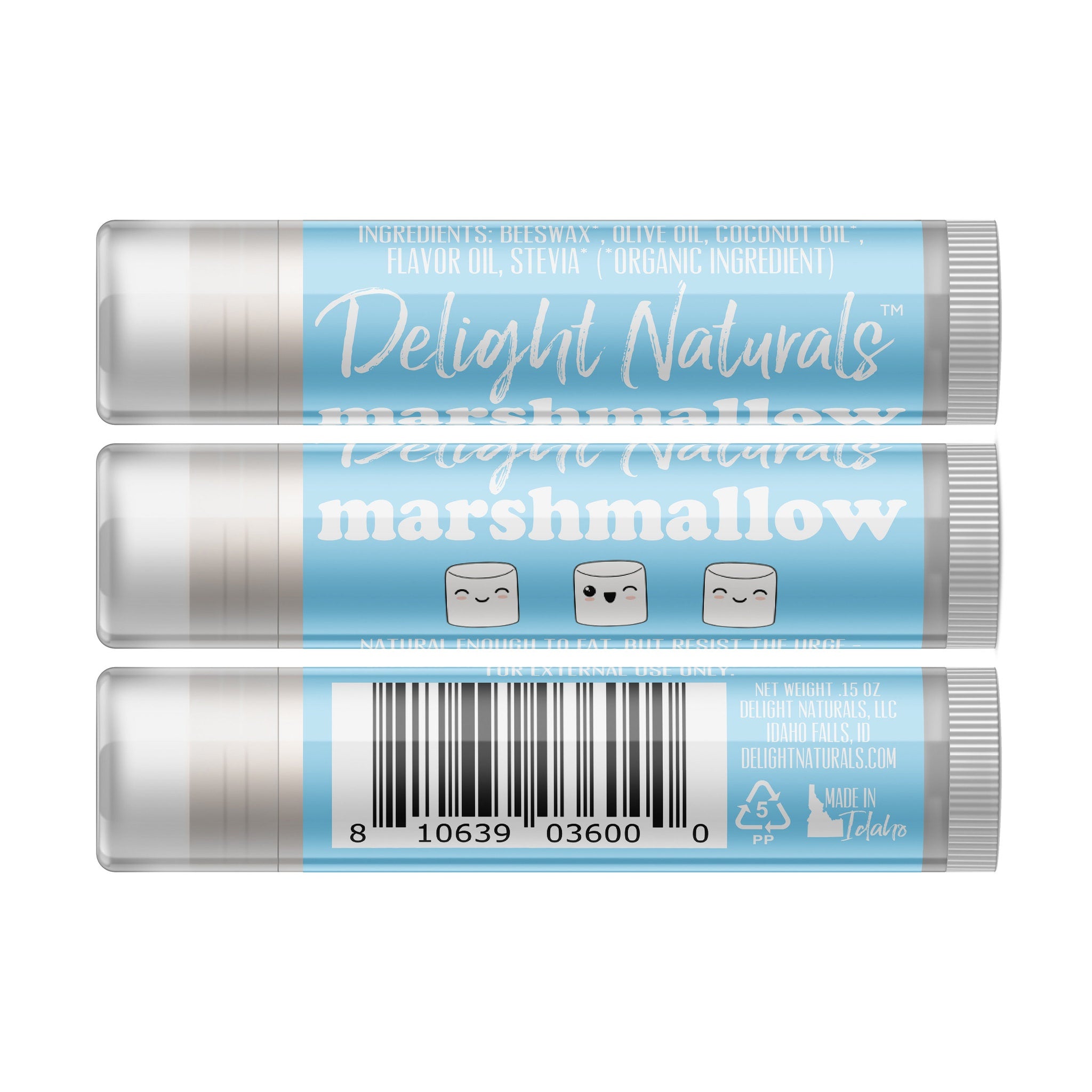 Lip balm with white and light blue design, marshmallow graphic, Delight Naturals brand name visible