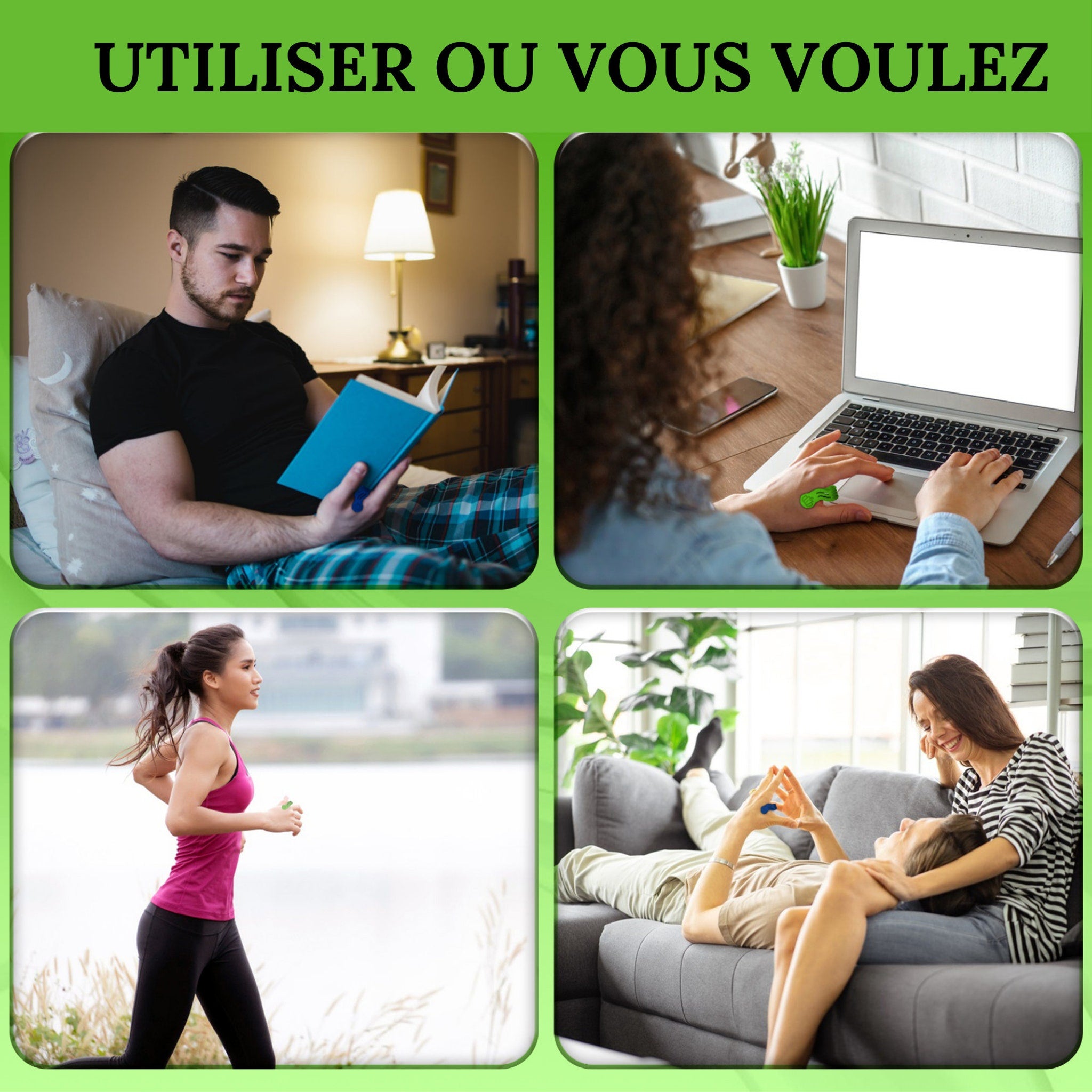 People using laptops, reading books, and running, with blue and green accents, in various settings.