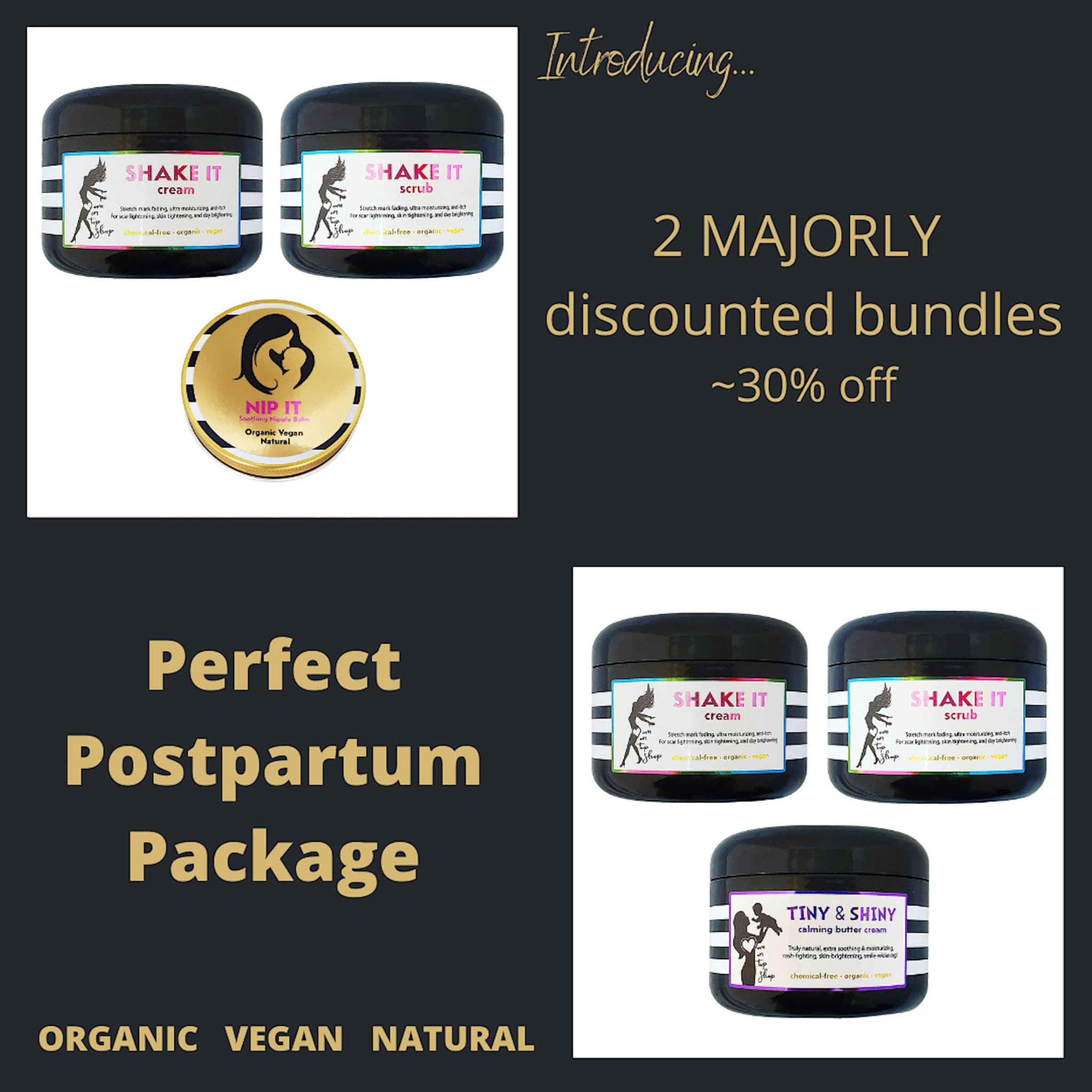 Postpartum skincare bundle with black jars, white striped labels, and "SHAKE IT" and "TINY & SHINY" text