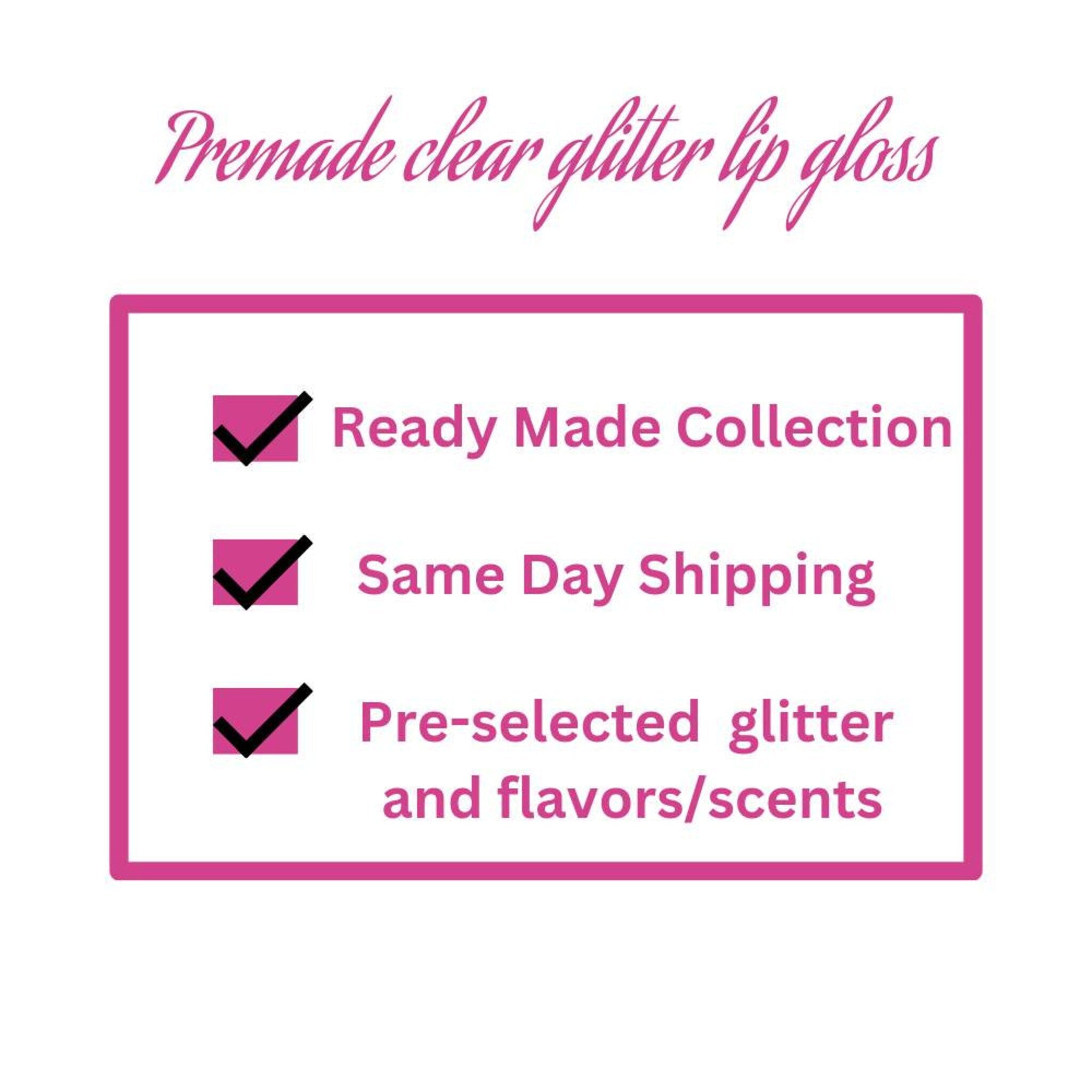 Clear glitter lip gloss graphic with pink text and accents on white background