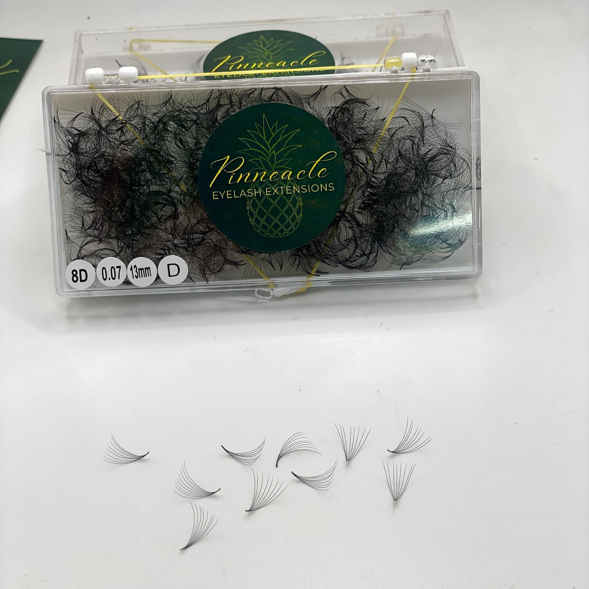 Eyelash extensions in clear plastic case with black lashes, Pinnacle brand label visible