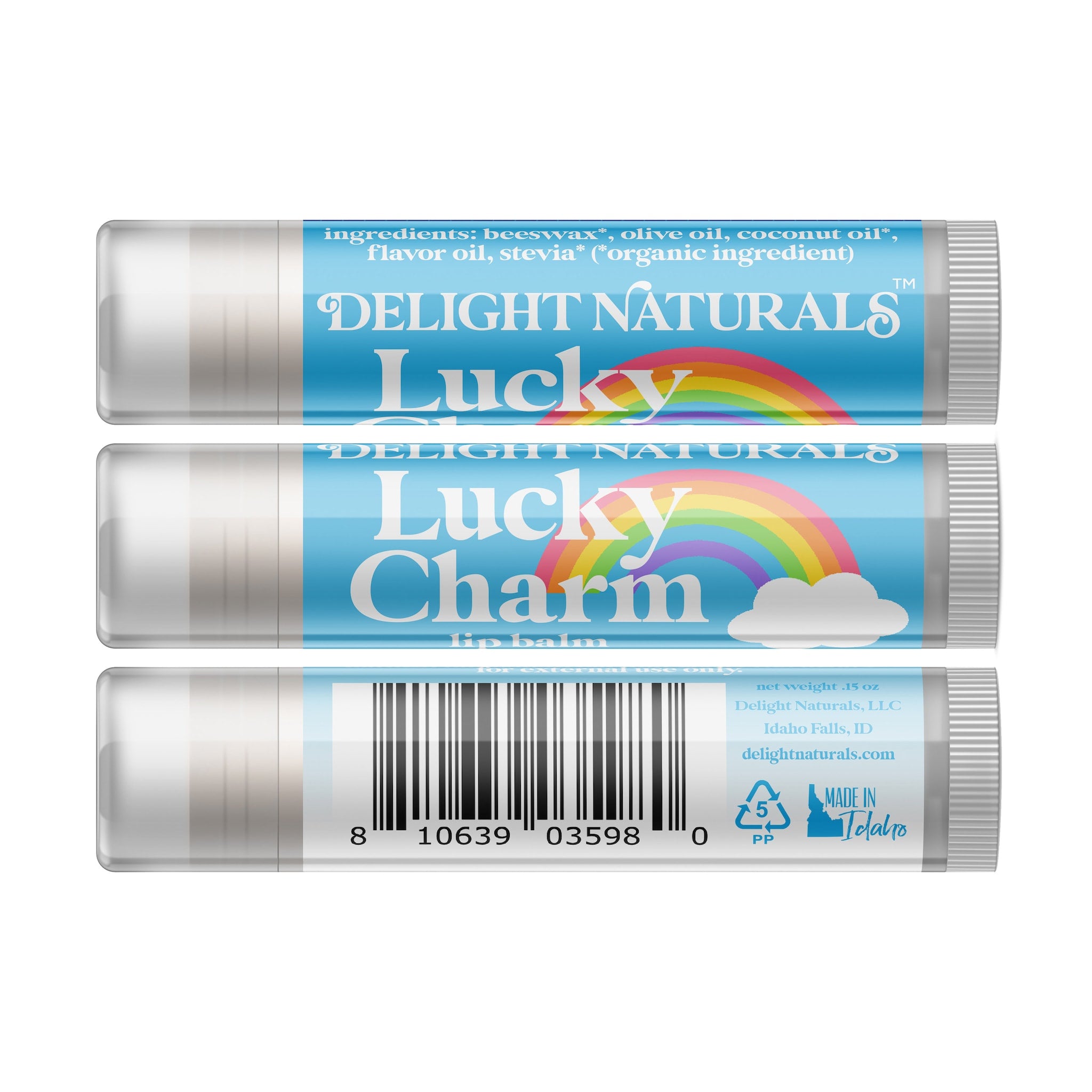 Lip balm tube with blue and white label, rainbow graphic, and Delight Naturals text