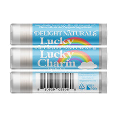 Lip balm tube with blue and white label, rainbow graphic, and Delight Naturals text