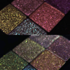 Pressed eyeshadow pan with purple-olive chameleon shimmer, showcasing dramatic color shift in natural light