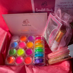 Side view of neon pink and iridescent blue glitter eye shadow palette with mirrored compact case