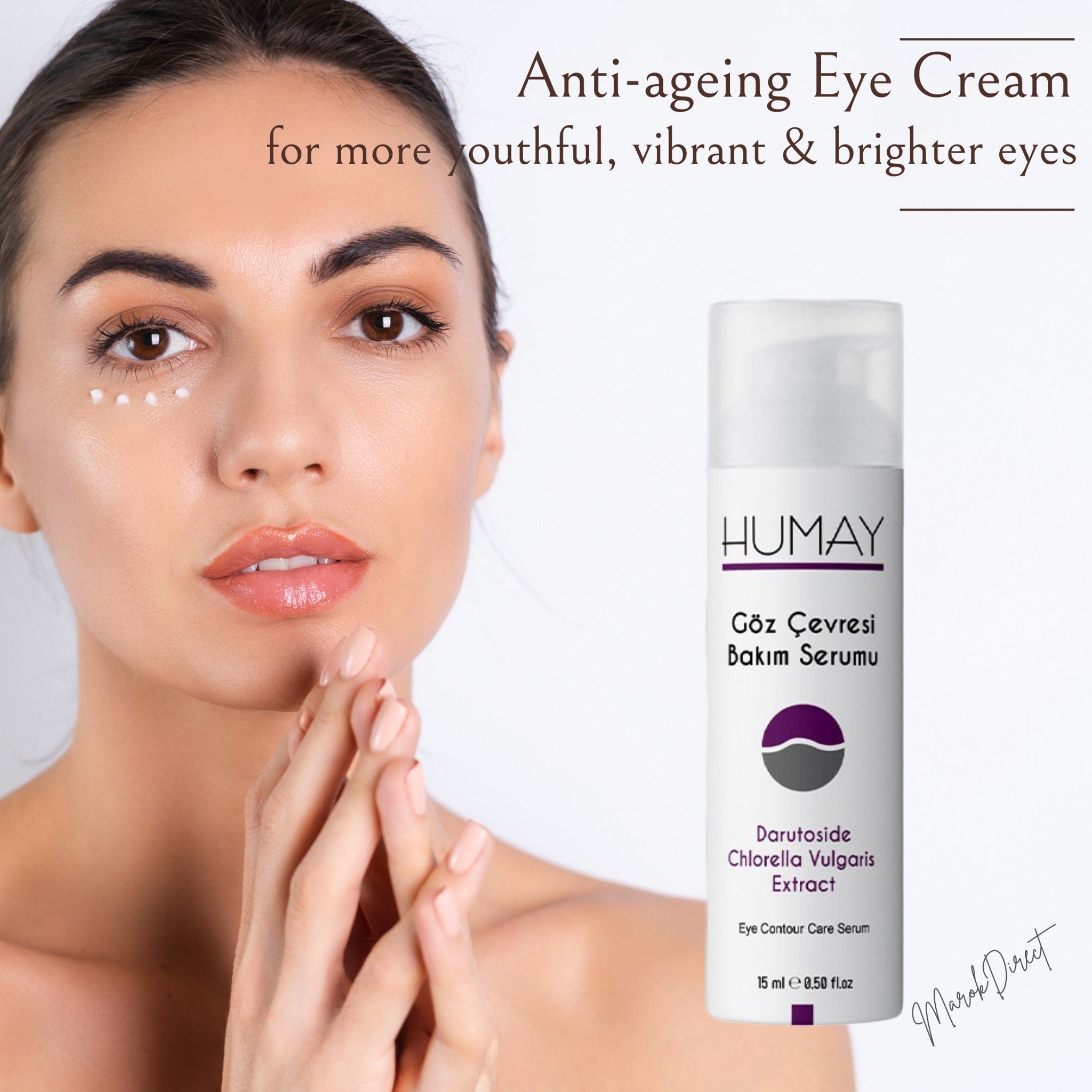 Eye cream bottle with white and purple label, next to a woman's face with cream dots under her eyes, HUMAY brand