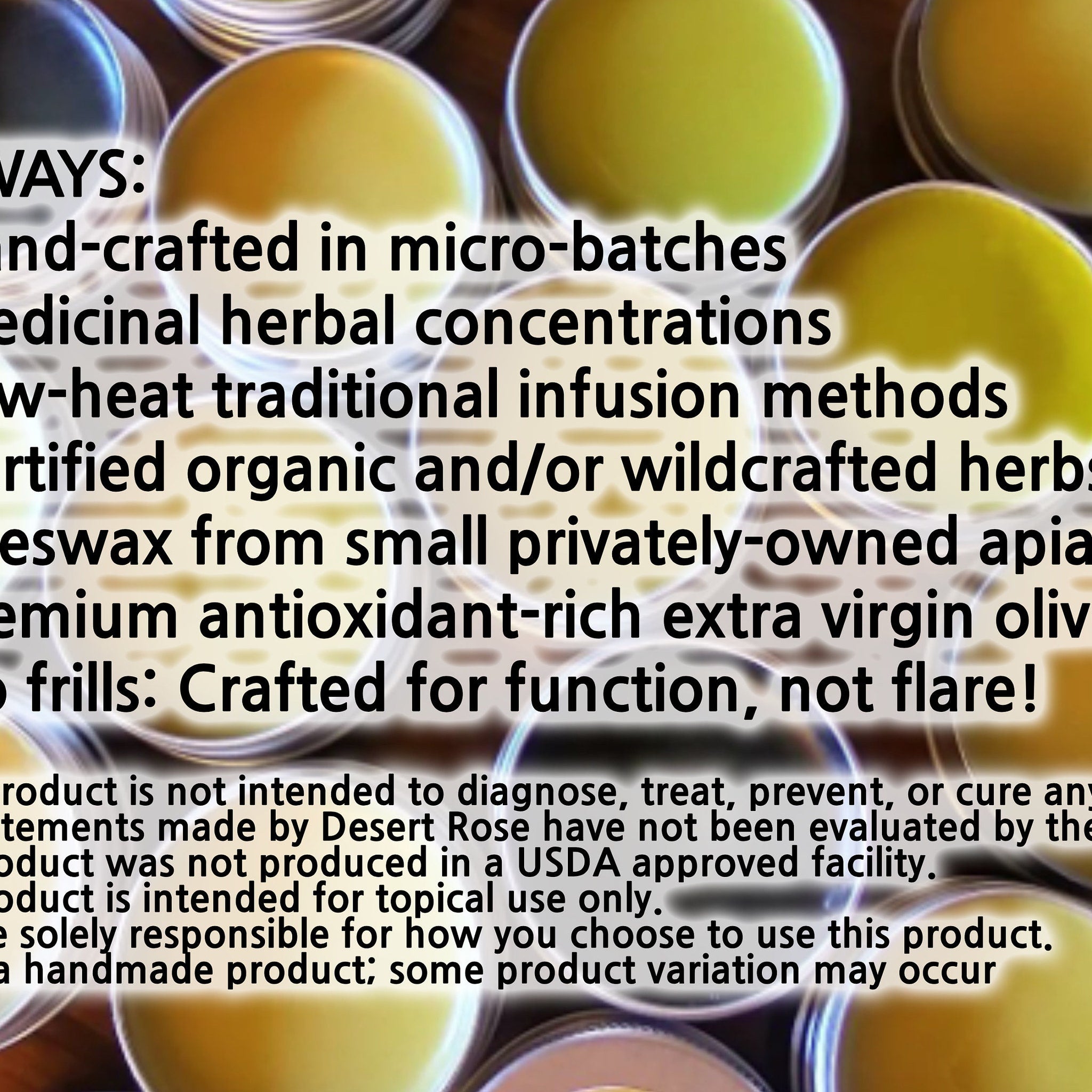 Herbal salve in yellow and green hues, in small round containers, Desert Rose