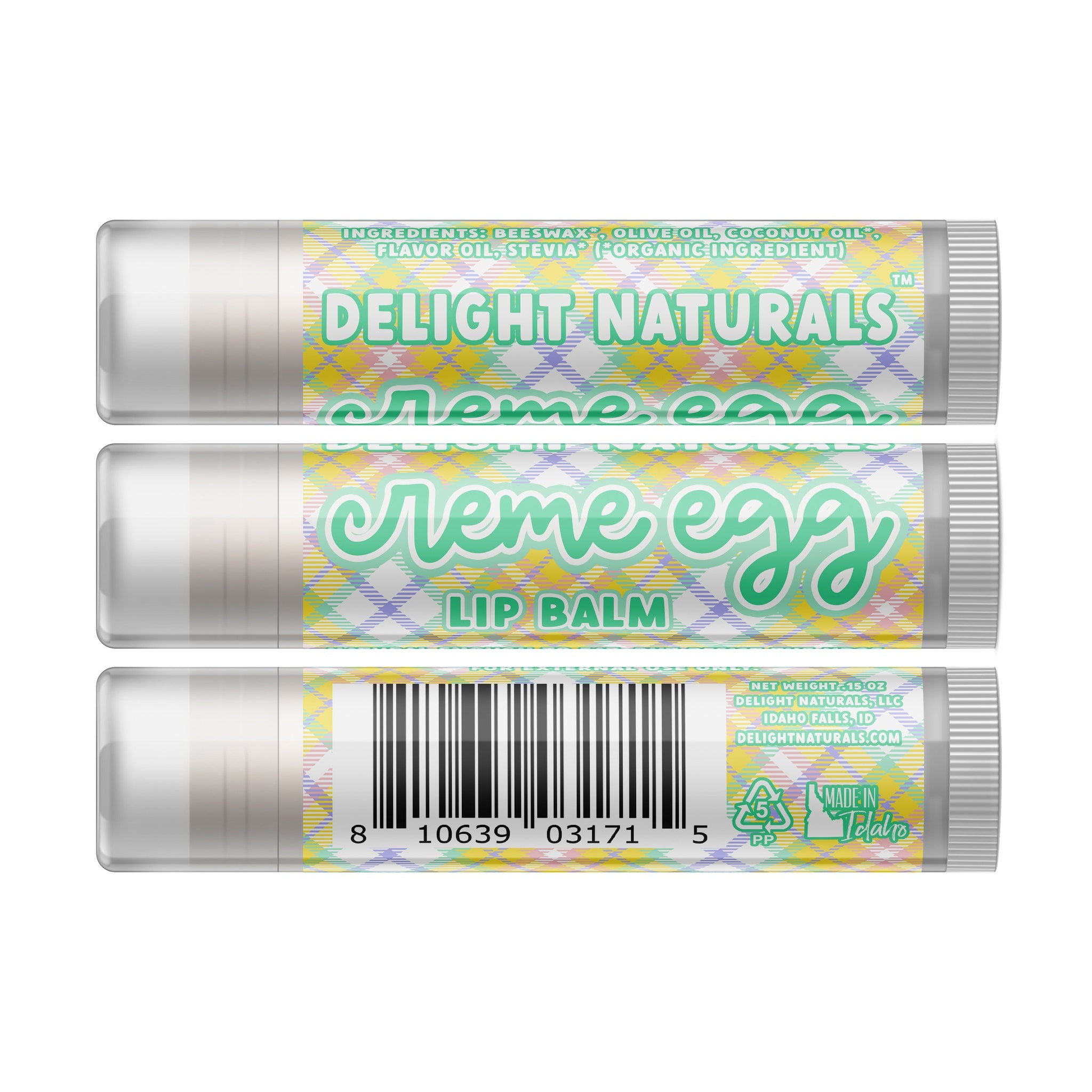 Lip balm with Delight Naturals branding, Creme Egg flavor, and plaid pattern label