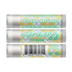Lip balm with Delight Naturals branding, Creme Egg flavor, and plaid pattern label