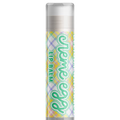 Lip balm tube with plaid pattern, mint green text, and clear cap, Delight Naturals brand