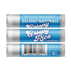 Lip balm tube with blue and white label, Delight Naturals text, and barcode details