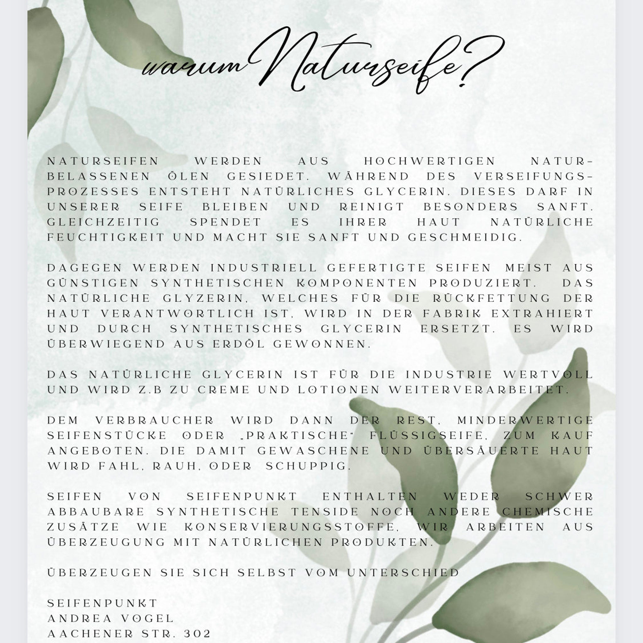 Text-based graphic with green leaves, white background, and black text about natural soap.