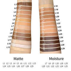 Close-up of Shade-Perfect Foundation compact with smooth matte finish and mirrored lid, showcasing neutral taupe eye shadow.
