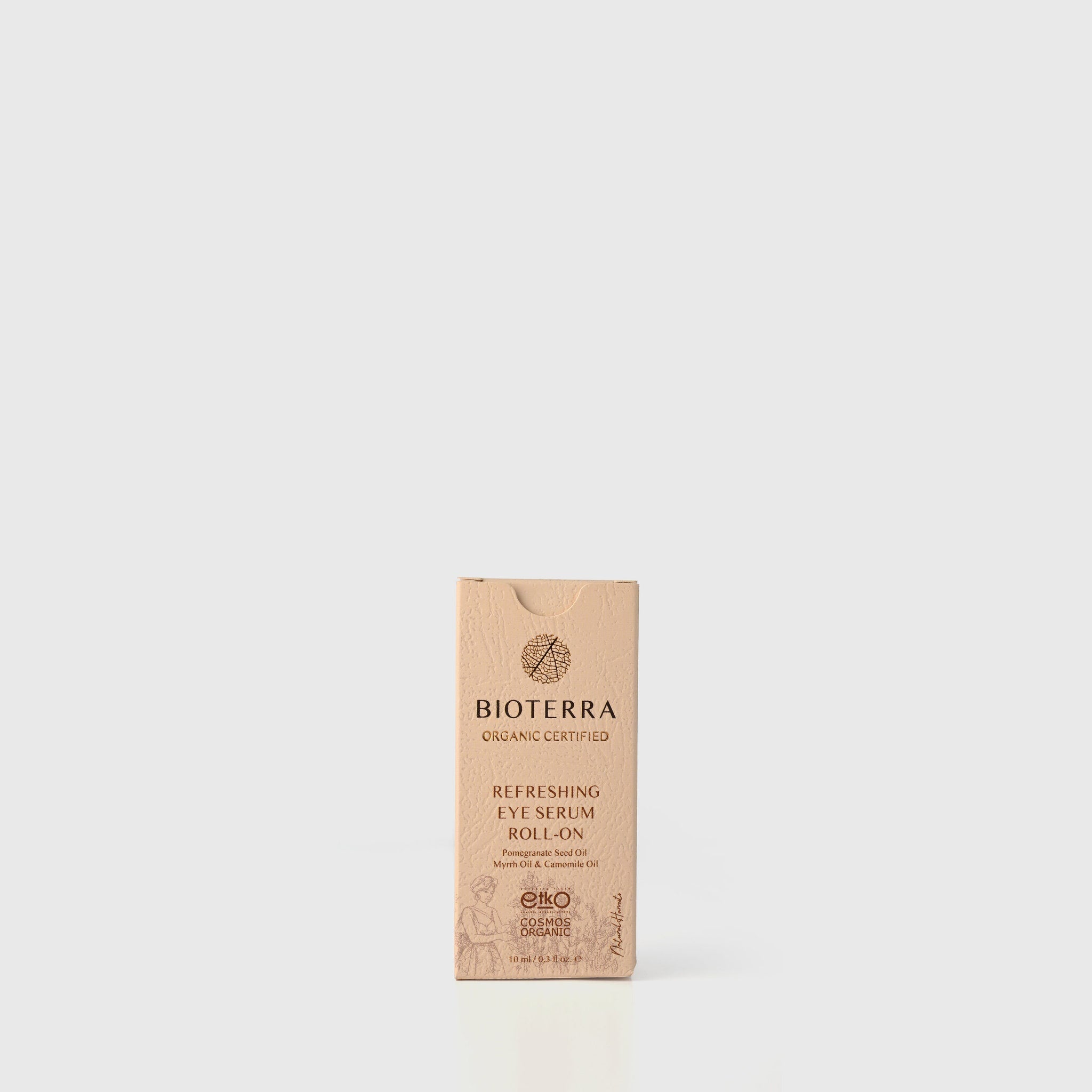 Eye serum box in tan, beige and brown with BIOTERRA branding and text, roll-on product description