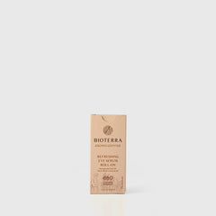 Eye serum box in tan, beige and brown with BIOTERRA branding and text, roll-on product description