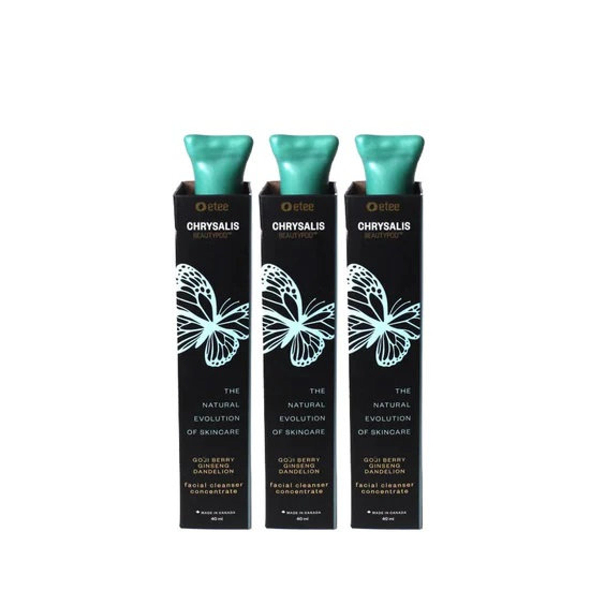 Facial cleanser concentrate with teal dispenser, black packaging, and butterfly design, Oetee brand